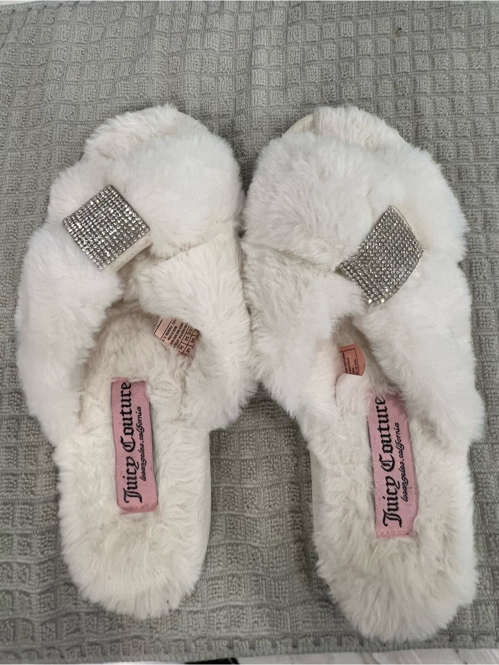 Juicy Couture Women's White Plush Slide Slippers with Rhinestone Accent